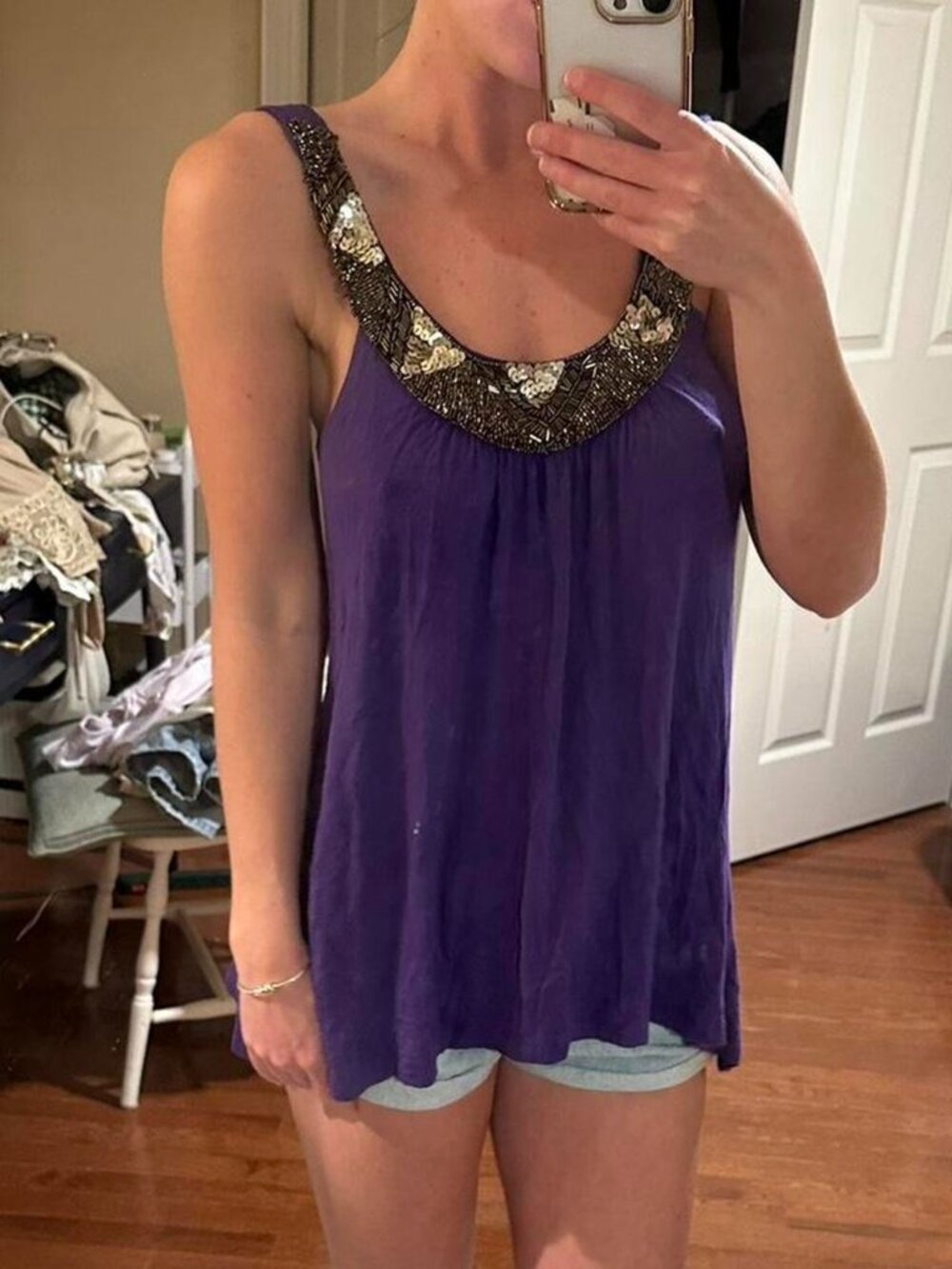 Purple beaded tank top with gold accents size S